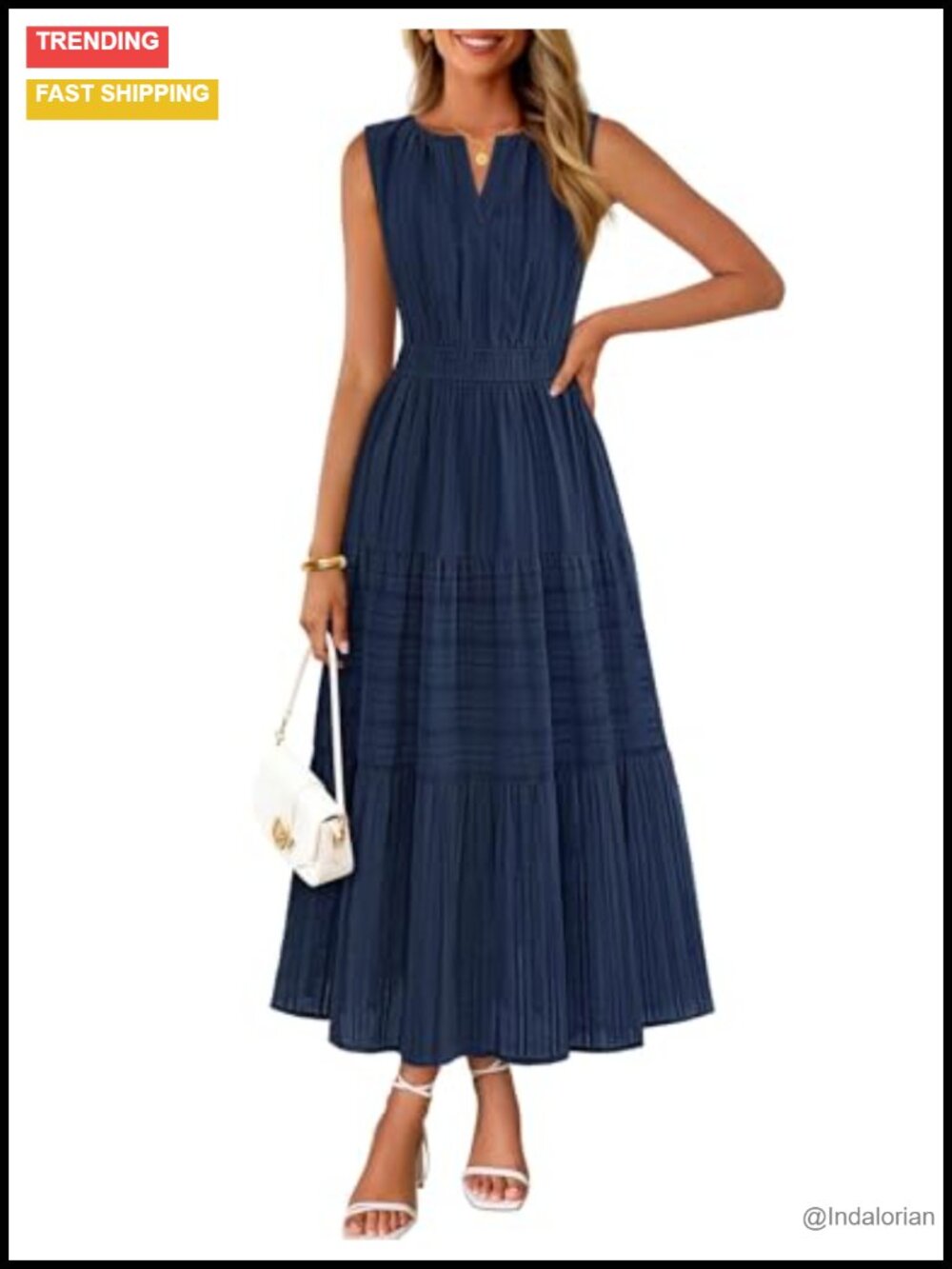 Womens Sleeveless V Neck Tiered Midi Cotton Dress Flowy Summer